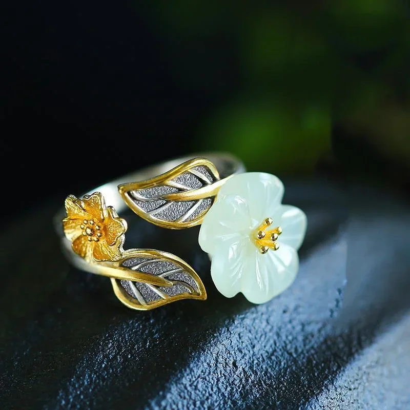 Men Accessories Silver - 925 Silver White Hetian Jade Flower