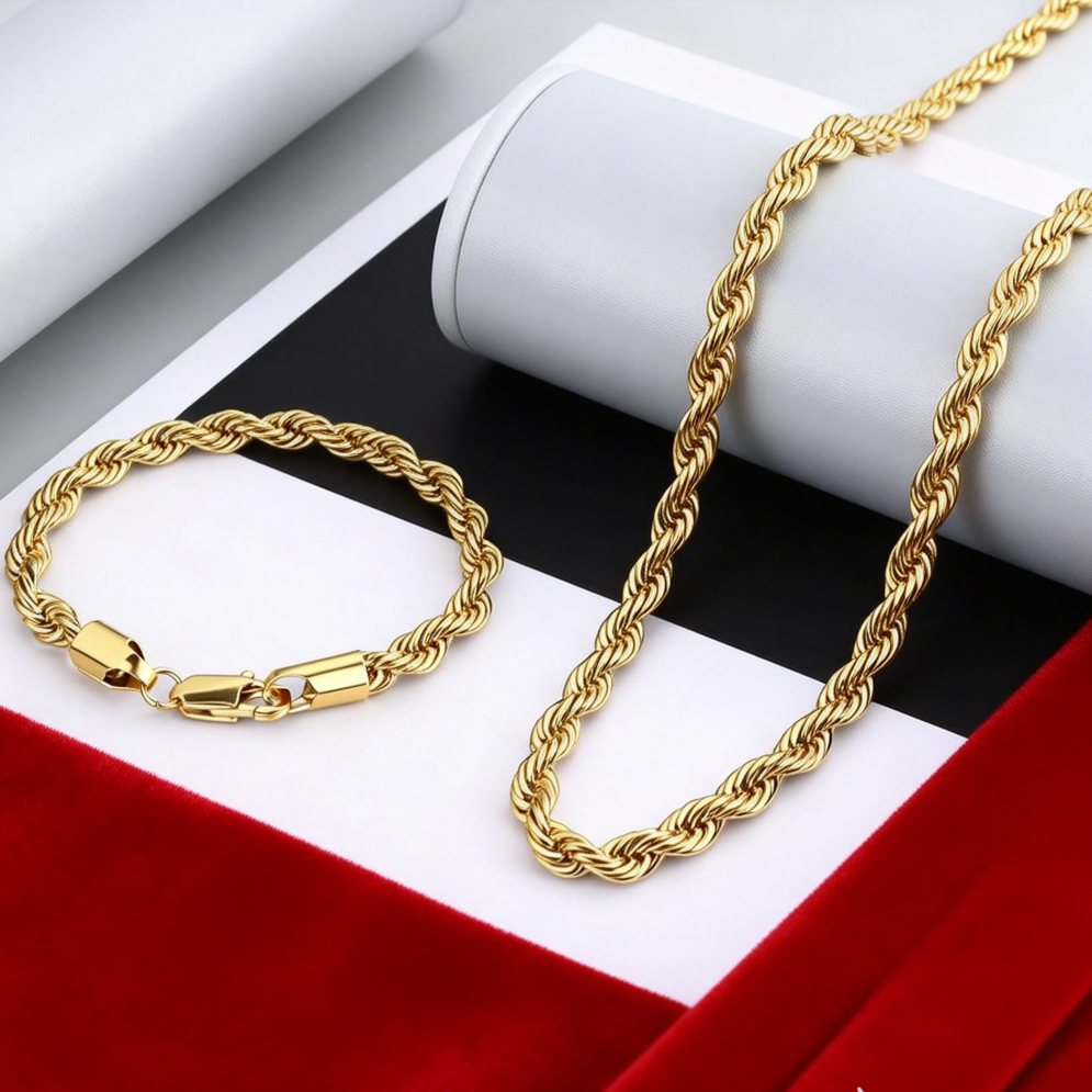 2pcs Fashion 18K Gold 4MM Twis - مراجعة Men Accessories Chain And Bracelet وسعره